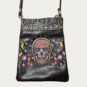 Colorful Sugar Skull and Rhinestone Black Mini Pouch Purse